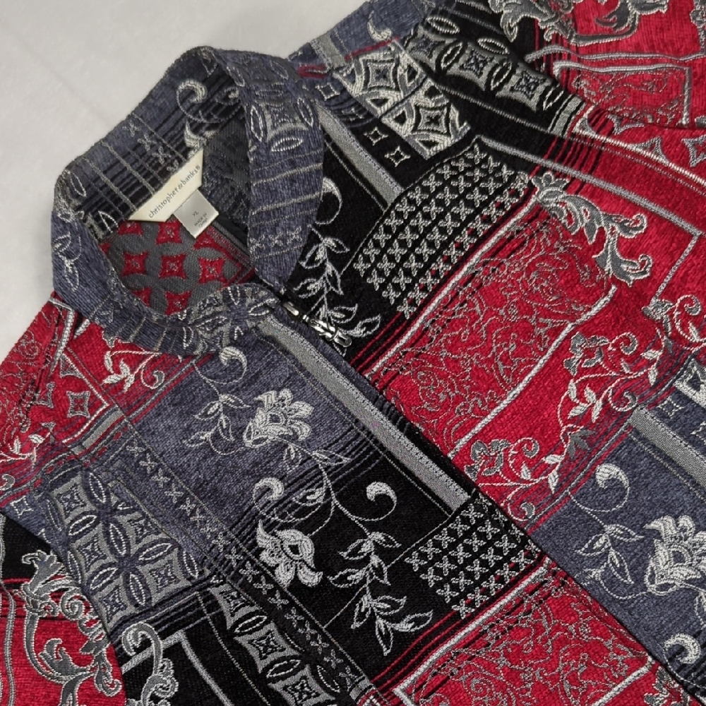 Christopher &‎ Banks Full Zip Women's Patchwork Tapestry Jacket Red & Black XL